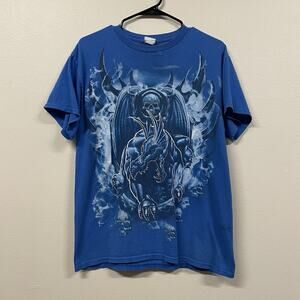 Vintage 2000s Y2K Demon Dragon Skull Art Graphic T Shirt Men's Large Faded Blue